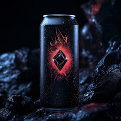 A sleek black energy drink can featuring a striking red splash design and a geometric diamond-shaped logo. The can is surrounded by a dramatic dark, rocky environment illuminated with red accents, evo