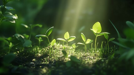 Fresh green shoots pushing through the ground as sunlight softly illuminates them