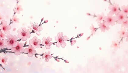 Fototapeta premium Cherry Blossom Flowers in Bloom with Falling Petals on Soft Background and Copy Space