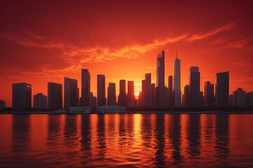 Obraz premium sunset over a city skyline with a boat in the water