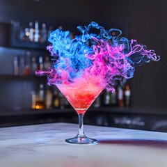 dazzling cocktail featuring a mix of blue and golden liquid with citrus garnishes, served in a stemmed glass. The vibrant splash effect and sparkling elements create a dynamic and lively presentation,