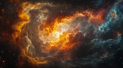 Fototapeta premium Cosmic Nebula: Fiery Orange and Teal Cloudscape in Deep Space