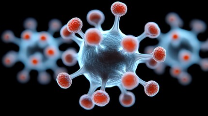 A detailed, close-up view of a virus structure, showcasing its spiky surface and colorful features against a dark background.