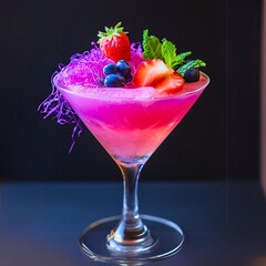 stunning pink cocktail served in a martini glass, adorned with fresh strawberries, blueberries, mint leaves, and delicate purple sugar threads. The bold colors and creative presentation make this drin