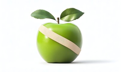 Green apple with beige tape, isolated on white background.