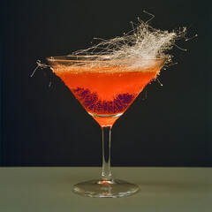A sophisticated red cocktail served in a martini glass, adorned with an intricate and artistic sugar web garnish. The dark background enhances the vibrant red liquid and sparkling bubbles, creating a 