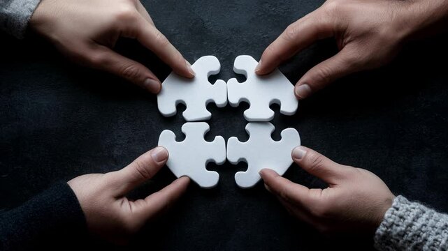 Collaboration, 4 mains qui collaborent pour assembler les pi&egrave;ces d'un puzzle ensemble.