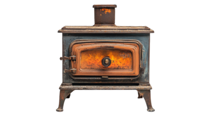 A vintage wood-burning stove radiates warmth in a cozy cabin during a winter evening