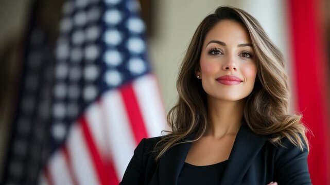 Belle jeune femme posant devant le drapeau des Etats-Unis.