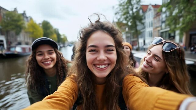 Des amies en selfie en balade sur un bateau dans une ville europ&eacute;enne.