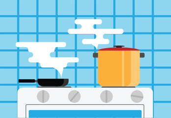Cooking in Steaming Pan and Pot on the Stove. Preparing food and kitchen interior concept vector art