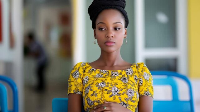 Femme africaine assise les mains sur le ventre en train d'attendre.
