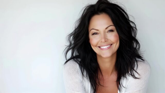 Femme brune, la cinquantaine, souriante sur fond blanc.