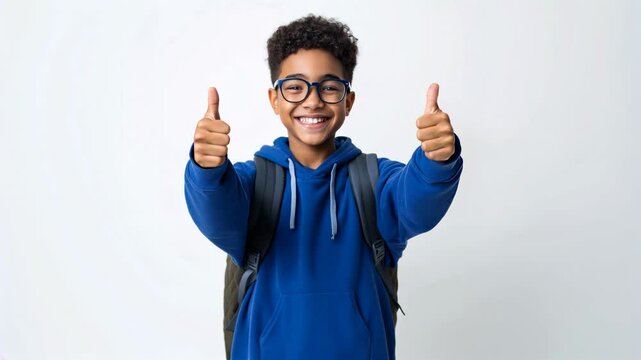 Jeune &eacute;tudiant, &eacute;colier avec les pouces lev&eacute;s et son sac &agrave; dos.