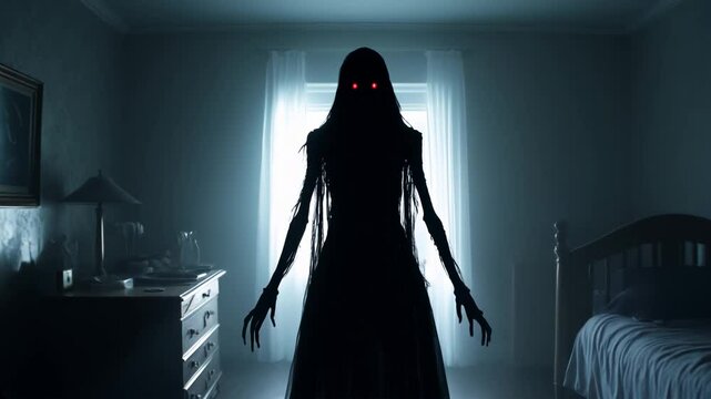 Personnage effrayant issu d'un cauchemard dans une chambre et une lumi&egrave;re terrifiante.