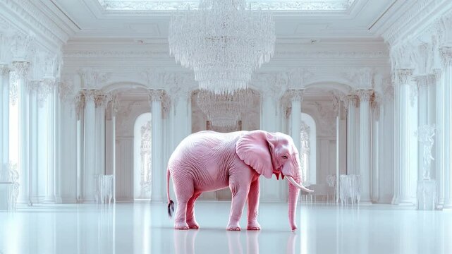 Un &eacute;l&eacute;phant rose dans une grande salle blanche.