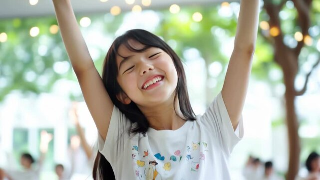 Une enfant asiatique souriante et heureuse qui l&egrave;ve les bras.