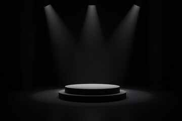 a black stage with three spotlights and a white pedestal