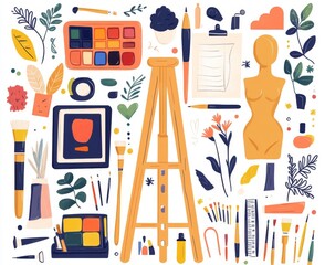 Artistic supplies and tools for painting and drawing, including brushes, paints, and an easel, along with a modern set of illustration icons, suitable for education