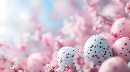 Fototapeta premium Festive Easter Background with Painted Eggs and Cherry Blossoms