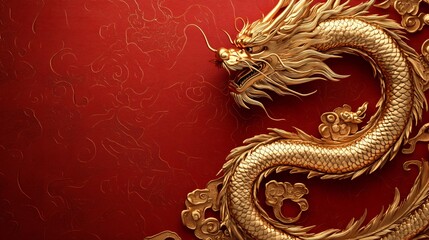 Obraz premium Golden dragon on red background with copy space