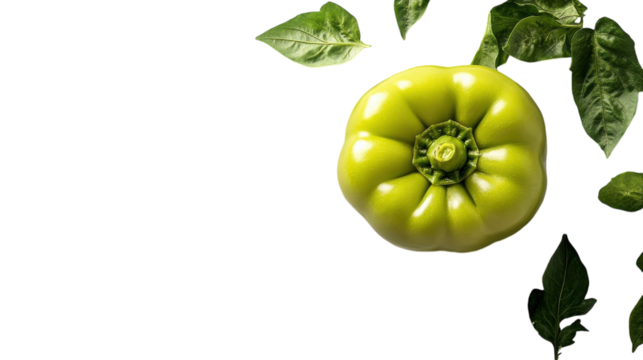 A fresh green bell pepper and vibrant leaves on a clean white background showcasing nature's beauty