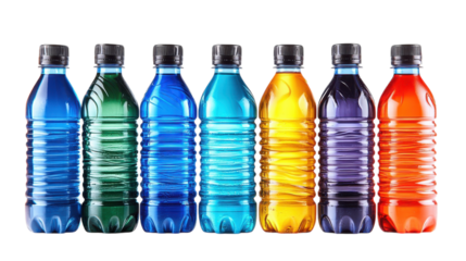 A striking display of various beverage bottles in an array of colors stands in a row