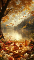 Fototapeta premium An ideal picnic on the shore of a shimmering golde_003