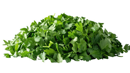 Obraz premium Freshly chopped parsley mounds ready for cooking and garnishing at a sunny kitchen table