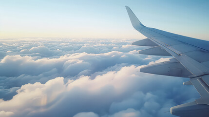 Fototapeta premium White airplane wing is flying through a cloudy sky