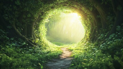 Enchanted Forest Path: Sunlit Tunnel of Lush Greenery