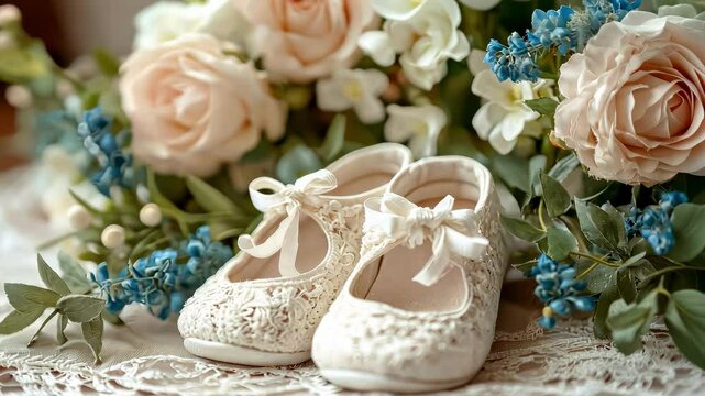 children's booties white background flowers. Selective focus
