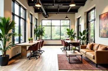 spacious living room, contemporary workspace. interior design. chic coworking space featuring modern furniture, mocha mousse accents, large windows and greenery.