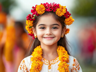 Young girl in traditional attire smiles with flower garland during colorful festival celebration