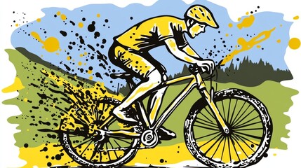 Fototapeta premium A colorful, energetic young man on a bicycle, illustrated in a digital art style