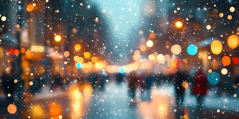 Obraz premium Abstract blurred city lights glowing softly against a snowy urban setting, evoking a magical and peaceful winter mood, style book illustration