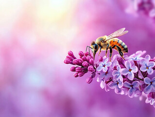 Fototapeta premium Bee collecting nectar from vibrant lilac flowers under soft sunlight in spring