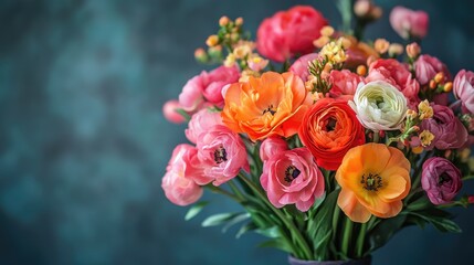 Fototapeta premium Bright and delicate gift bouquet with different flowers. Bouquet on the background with space for text.