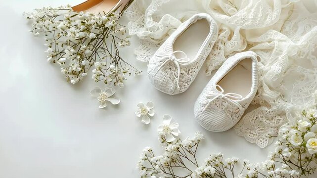 children's booties white background flowers. Selective focus