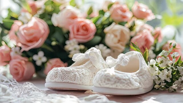 children's booties white background flowers. Selective focus