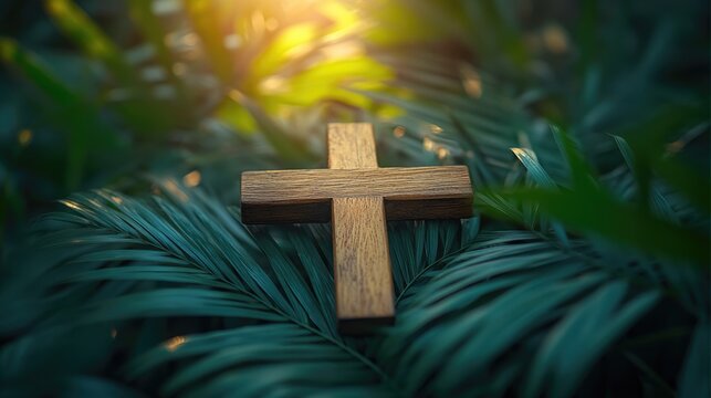 Wooden cross lies on green palm branches. Religious Christian holiday, Palm Sunday and Easter Day concept. Close-up of cross on palm branches.