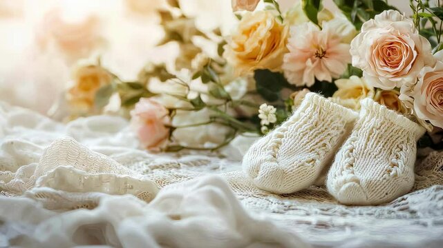 children's booties white background flowers. Selective focus