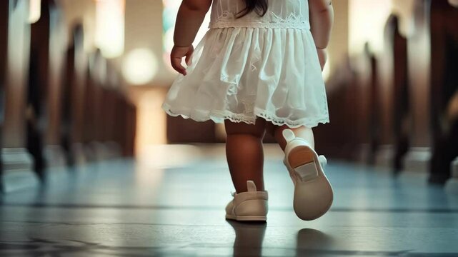 little girl in a white dress in the church. Selective focus