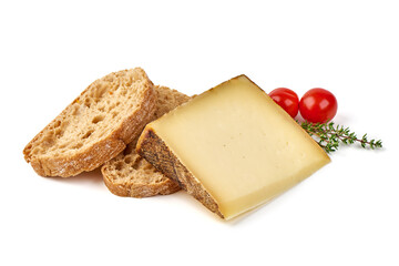 Rustic cheese wedge, isolated on white background.