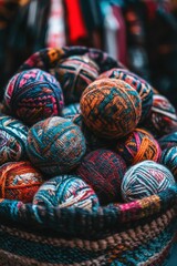 Close-up view of a basket filled with colorful balls of yarn, showcasing intricate patterns and textures.