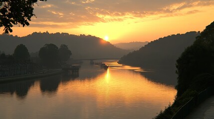 Golden sunrise over river valley with bridge.