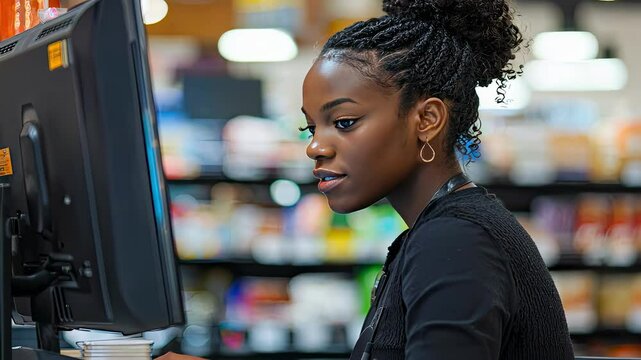 a woman works at the checkout in a supermarket. Selective focus