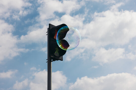 Traffic Light with Floating Soap Bubble