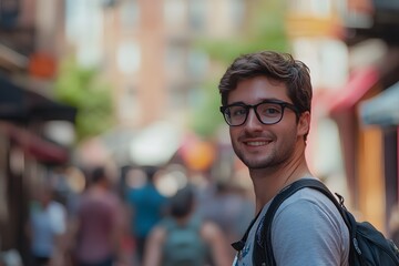Fototapeta premium Man smiles while walking through a bustling city street with shops in the background