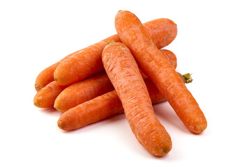 Fresh whole carrots isolated on white background.